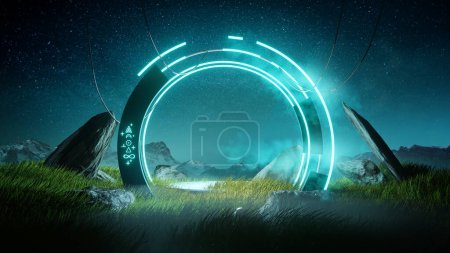 Foto de Una misteriosa puerta del portal Glowing Runestone antigua que brilla por la noche. Ilustración 3D. - Imagen libre de derechos