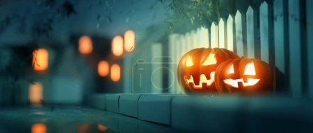 Foto de Vela brillante encendida Jack O Lantern Decoraciones de calabaza de Halloween fuera en un pavimento de la calle. Ilustración 3D. - Imagen libre de derechos