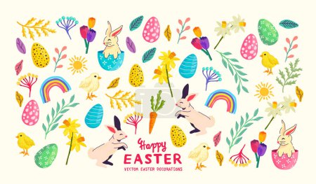 Ilustración de Colección de celebraciones de Pascua brillante con huevos, conejos y decoraciones florales! Ilustración vectorial - Imagen libre de derechos