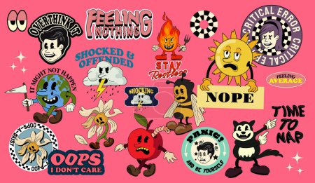 Eine Reihe von Vektor-Retro-Cartoon-Aufklebern und verspielten Charakteren, darunter eine Blume, Biene und Katze mit wenig inspirierenden Botschaften.