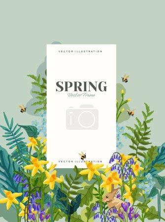 Illustration for Floral Spring background layout with flowers, plants and bumblebees, vector illustration. - Royalty Free Image
