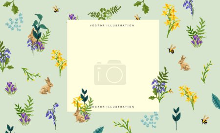 Téléchargez les illustrations : Fond printanier floral avec des bleuets, des jonquilles et des plantes sauvages. Composition vectorielle de mise en page décorative - en licence libre de droit