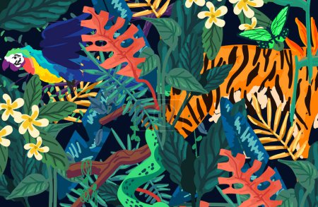 Ilustración de Modernas y exóticas formas de selva tropical, patrones y pinceladas con animales salvajes y vida vegetal. Ilustración vectorial. - Imagen libre de derechos