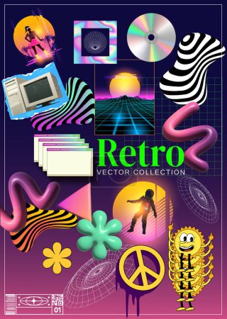 Téléchargez les illustrations : Stickers rétroondes et post-modernes des années 80 et 90 textures et éléments. Illustration vectorielle - en licence libre de droit