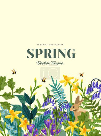 Illustration for Fresh and colourful Spring flowers with bumblebees. Floral background vector illustration. - Royalty Free Image