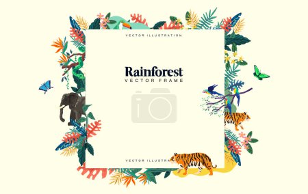 Téléchargez les illustrations : Un cadre décoratif de forêt tropicale sauvage avec des animaux et des plantes botaniques. Mise en page d'illustration vectorielle - en licence libre de droit