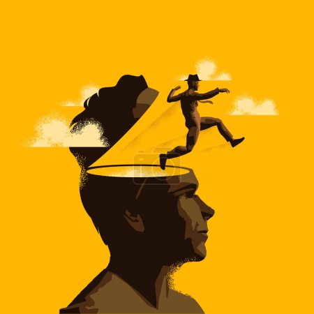 A man makes a leap out of the mind of a person. Feeling trapped, Moving on Mental health concept.