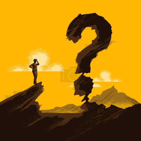 Illustration for A questionable and Unsure Future Landscape. A businessman standing in a landscape with a rock formation in the shape of a question mark. Business vector concept. - Royalty Free Image
