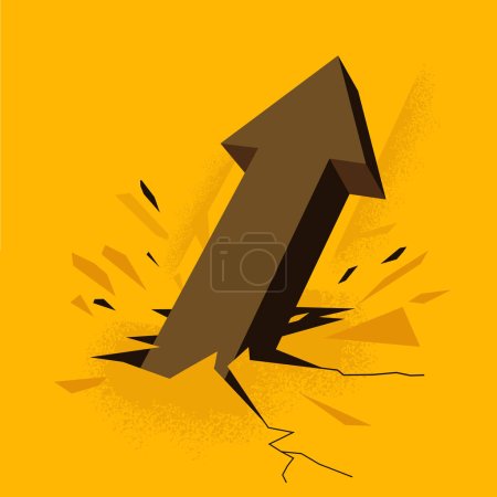 An arrow breaks thought the ground and continues moving upwards. Positive foreard business motion vector illustration.