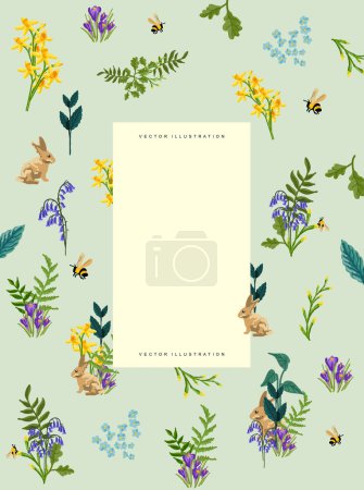 Ilustración de Diseño de fondo floral de primavera con campanas azules, narcisos y plantas silvestres. Composición decorativa vectorial - Imagen libre de derechos