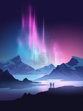 Téléchargez les illustrations : Deux randonneurs voyageant et explorant s'arrêtent pour admirer les aurores boréales la nuit au-dessus d'une magnifique chaîne de montagnes. - en licence libre de droit
