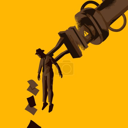 Illustration for Your services are no longer required. A businessman looses grip on his paperwork as he is carried away by a robotic arm. Artificial intelligence replaces jobs of humans. Vector illustration. - Royalty Free Image