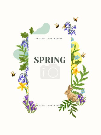 Ilustración de Un marco de borde decorativo temático de primavera con plantas verdes y flores de colores. Ilustración vectorial. - Imagen libre de derechos