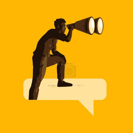 Illustration for A man stands on a speech bubble searching for answers and truth. Analysing conversations, reports and assignments vector illustration. - Royalty Free Image