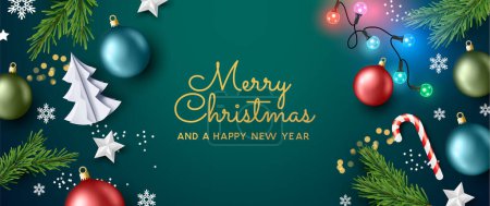 Illustration for Christmas Celebrations event banner with christmas lights and decorations with room for a message. Vector illlustration - Royalty Free Image