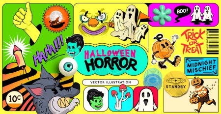 Téléchargez les illustrations : Une collection amusante d'autocollants et de monstres d'Halloween ! Illustration vectorielle. - en licence libre de droit