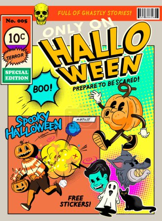 Ilustración de Un Halloween temático y decorado retro revista cómica pantalla de la cubierta. Ilustración vectorial - Imagen libre de derechos