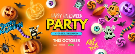 Illustration for Happy Halloween fresh party design with spooky elements and decorations. Vector illustration. - Royalty Free Image