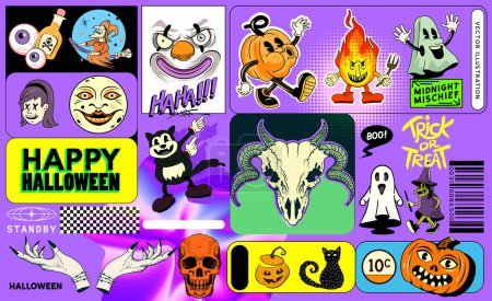 Téléchargez les illustrations : Joyeux Halloween ! sticker fantasmagorique traite avec des personnages et des décorations effrayantes ! Illustration vectorielle - en licence libre de droit