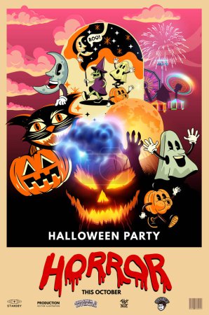 Téléchargez les illustrations : Joyeux fond d'affiche de style film halloween avec des éléments de conception décoratifs effrayants ! Illustration vectorielle - en licence libre de droit