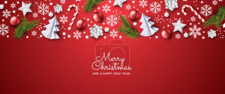 Illustration for Merry Christmas banner in red with festive decorations incuding christmas trees and snowflakes. Vector illustration - Royalty Free Image