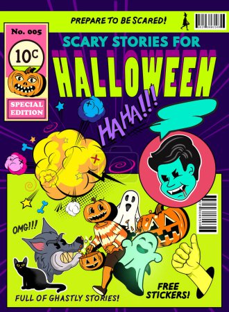 Ilustración de Un espeluznante retro halloween cómic revista cubierta diseño de maqueta. Ilustración vectorial - Imagen libre de derechos