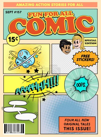Ilustración de Vintage cómic aventura revista cubierta diseño de maqueta. Ilustración vectorial - Imagen libre de derechos