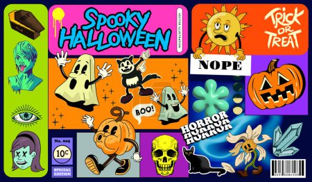 Téléchargez les illustrations : Sticker d'Halloween surréaliste et décorations de jeux de caractères ! Illustration vectorielle - en licence libre de droit