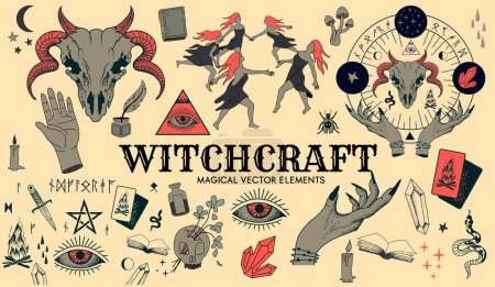 Illustration for A magical collection of vector witchcraft and spells design elements with dancing witches, crystal stones, hands and spell books. - Royalty Free Image