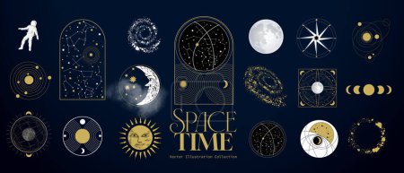 Ilustración de Una colección de astrología y astronomía espacio espiritual signos de estrellas y objetos. Ilustración vectorial - Imagen libre de derechos