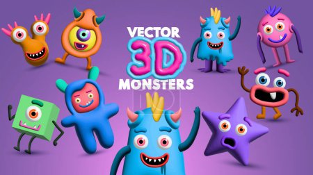 Ilustración de Una colección de divertidos y juguetones personajes de monstruo vectorial de estilo 3D. Ilustración vectorial - Imagen libre de derechos