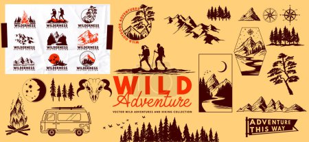 Wilde Outdoor-Abenteuer und Wandervektorsammlung mit Bergen und Menschen beim Wandern. Vektorillustration.