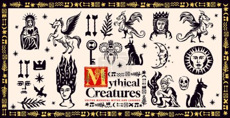 Una colección de estilo linograbado medieval criaturas míticas y leyendas con dragones y duendes. Ilustración vectorial