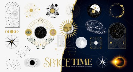 Illustration for Mysterious astrology and astronomy universe themed objects and star zodiac patterns. Vector illustration - Royalty Free Image