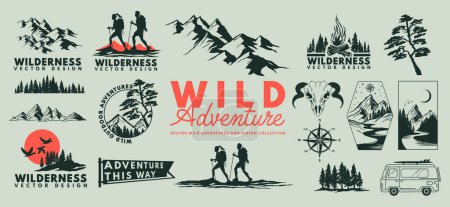 Outdoor-Abenteuer in der Wildnis und Wandervektorsammlung mit Bergen und Menschen beim Wandern. Vektorillustration.