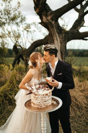 Téléchargez les photos : Les jeunes mariés s'embrassent près du gâteau de mariage dans la nature. Photo de haute qualité - en image libre de droit