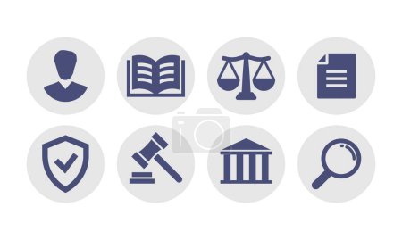 Ikone setzte Recht, Gesetz, Gerechtigkeit, Gericht. Serviceanwalt, Rechtsanwalt, Notarkonzept. Waagen Gerechtigkeit Gabelstapler Buch Symbol Vector Illustration
