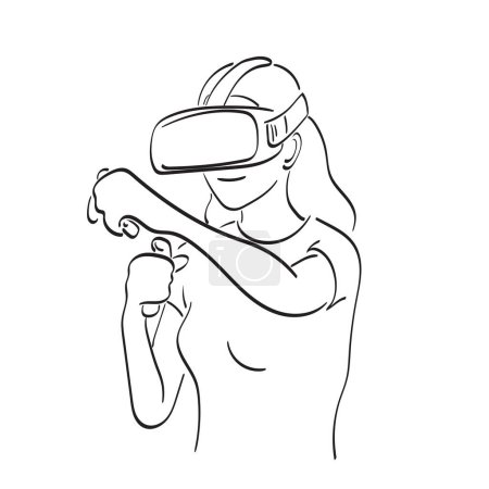 Ilustración de Línea arte mujer jugando juegos con gafas vr y joysticks ilustración vector mano dibujado aislado sobre fondo blanco - Imagen libre de derechos