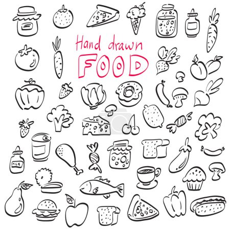 Téléchargez les illustrations : Icône alimentaire ensemble illustration vecteur dessiné à la main isolé sur fond blanc ligne art. - en licence libre de droit