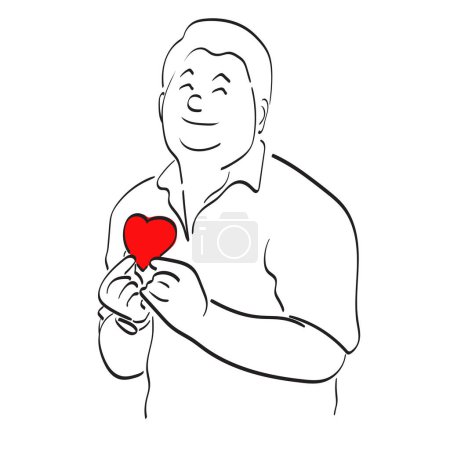 Illustration for Line art fat man holding red heart illustration vector hand drawn isolated on white background - Royalty Free Image