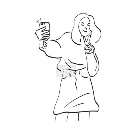 Ilustración de Line art woman taking photo with her smartphone illustration vector hand drawn isolated on white background - Imagen libre de derechos