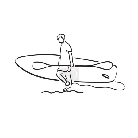 Illustration for Man holding paddle board on beach illustration vector hand drawn isolated on white background line art. - Royalty Free Image