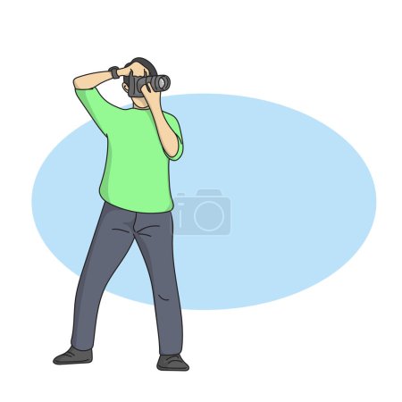 Illustration for Male photographer using DSLR camera to take photo on blue blank space illustration vector hand drawn isolated on white background - Royalty Free Image