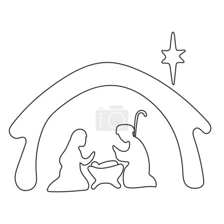 Ilustración de Línea de dibujo de Jesús nacido con José y María ilustración vector mano dibujado aislado sobre fondo blanco - Imagen libre de derechos