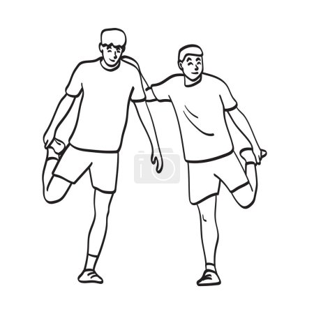 dos futbolistas calentándose antes de jugar fútbol ilustración vector mano dibujado aislado sobre fondo blanco