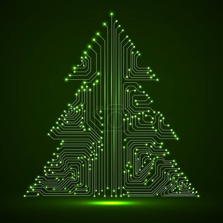 Illustration for Abstract technology glowing Christmas tree, neon circuit board. Vector illustration - Royalty Free Image
