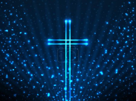 Ilustración de Cruz cristiana brillante sobre partículas de brillo de fondo y rayos brillantes. Símbolo religioso. Fondo mágico - Imagen libre de derechos