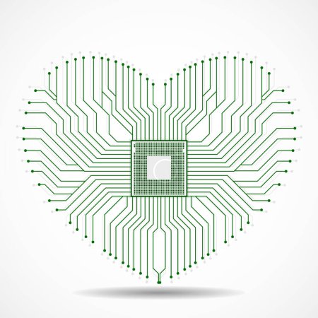 Tablero electrónico abstracto del circuito en forma de corazón, fondo de la tecnología, ilustración del vector
