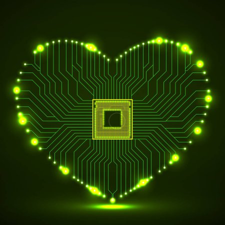Tablero de circuito de neón abstracto en forma de corazón, fondo de tecnología, ilustración vectorial