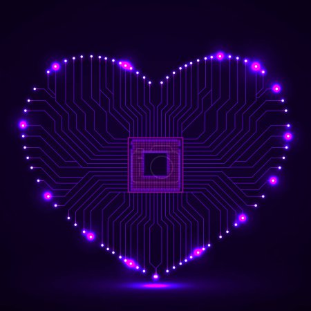 Carte de circuit néon abstraite en forme de coeur, fond technologique, illustration vectorielle